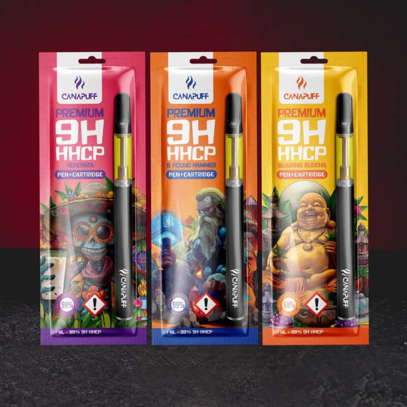 Vape Set 9H-HHCP 99% 1ml – prémium vape set 9H-HHCP kannabinoiddal 9 Pound Hammer, Laughing Buddha és Horchata variánsokban