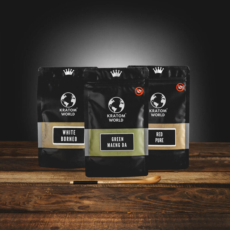 Kratom World Starter Pack mintacsomag zöld piros arany fehér Kratom por 3 x 25 g maeng da bali wild szuper zöld